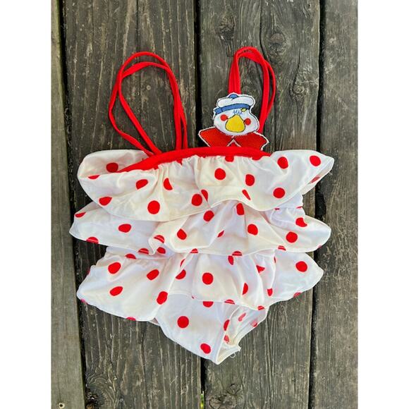one piece swimsuit polkadot red white ruffles 3t
